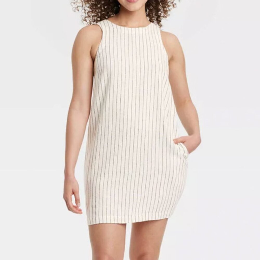 SZL White ivory black pinstripe linen tank dress. wide neck. - Picture 3 of 7